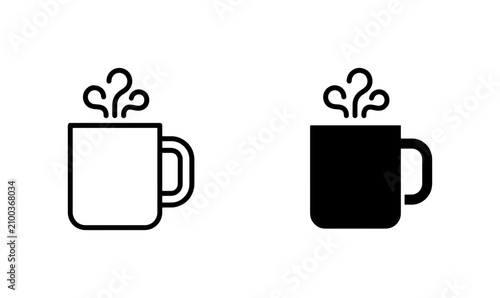 Hot Beverage Icons: Minimalist Coffee Cup and Mug Line Art, Black Silhouette for Drink and Cafe Graphics