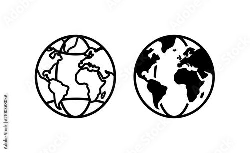 Two Globe Icons, Earth Planet Representations, World Map Graphics, Global Communication and Travel Concepts