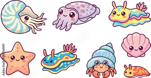Bild auf Leinwand Cute Cartoon Sea Creatures Set with Nautilus Cuttlefish Sea Slug Starfish Hermit