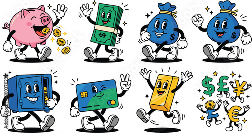 Retro Groovy Money Character Set with Piggy Bank Cash Coin Safe Credit Card and Currency Symbol Vector Illustration