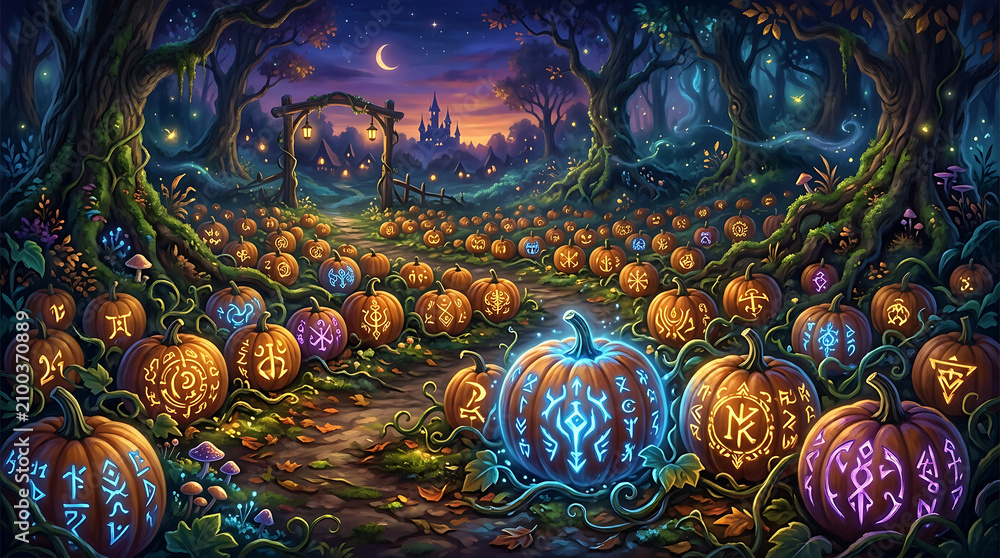 Fototapeta premium Pumpkins with Glowing Symbols in an Enchanted Forest at Night Featuring Fantasy, Magical, Halloween with Autumn and Mystical