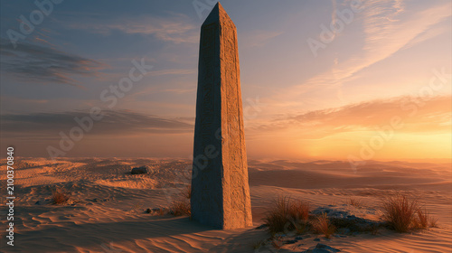 Ancient Egyptian Obelisk in the Desert at Sunset with Golden Hour Lighting and Weathered Hieroglyphics Photorealistic 8k Hyperdetailed