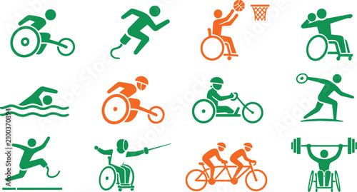 Green and orange adaptive sports pictogram set for disabled athletes