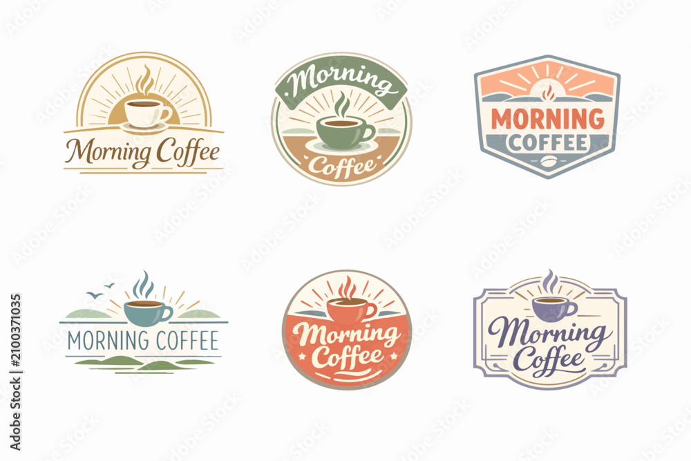 Obraz premium Set of retro-inspired morning coffee logos displaying various cups, steam, sun rays, and typography for cafes and establishments