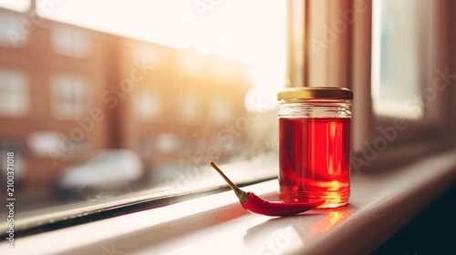 calabrian. A jar of homemade chili oil on a sunny windowsill, vibrant red color. menu design, packaging mockups, designed for food delivery and cloud-kitchen brand materials.