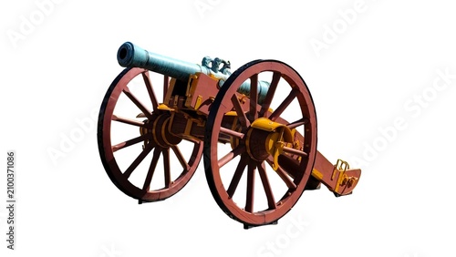 Fotografie Photo of a historic 18th-century Danish bronze cannon from Kastellet in Copenhagen, mounted on its original red wooden gun carriage, isolated on white background