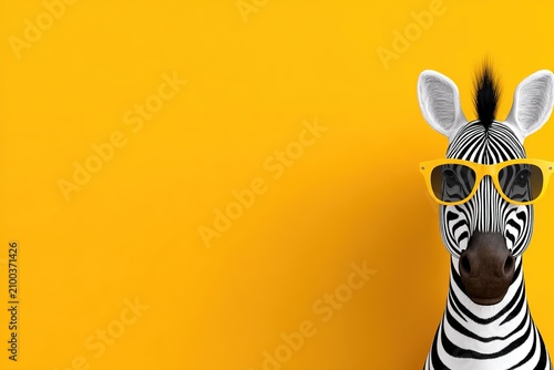 Zebra wearing sunglasses posing confidently on bright yellow background. Striped animal model with cool shades for fun branding and playful adverti...
