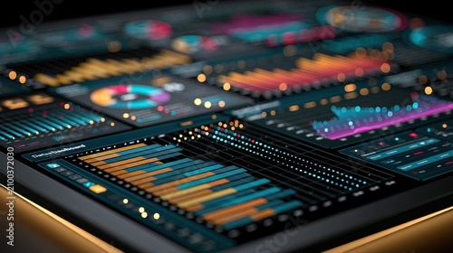 Data visualization interactive dashboard business intelligence analytical insights decision support operational excellence focus on colorful charts copy space technology theme futuristic Blend mode hi