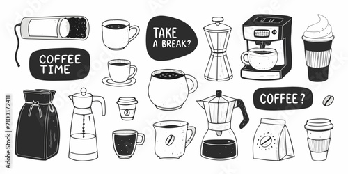 Fényképezés Coffee Related Objects Hand drawn Sketch Illustration On White Background