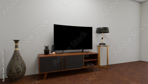 Slika na platnu Modern Entertainment Center: A sleek entertainment center featuring a large, modern television, a stylish lamp, and decorative vase