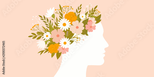 Canvas Print Floral head silhouette a flat vector illustration on a peach background