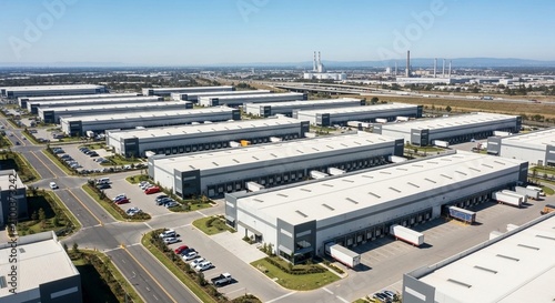 Sprawling modern industrial warehouse distribution complex under a clear blue sky, showcasing extensive logistics and commercial operations.