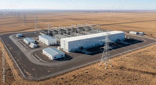 Vast Energy Storage Facility Complex with Power Lines and Buildings in Arid Landscape