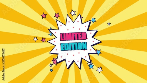 Limited edition promo banner in retro pop art style with comic speech bubble and sunburst background