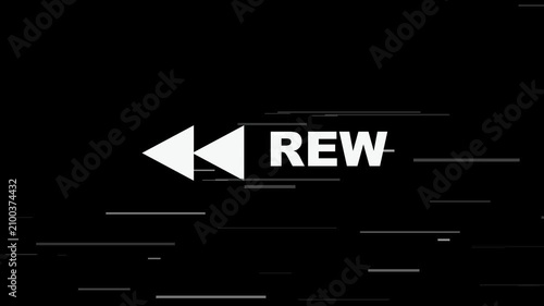Rewind button with REW text and horizontal digital glitch lines on black background for playback interface