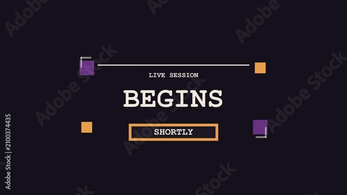 Live stream starting soon screen with geometric shapes on a dark grid background