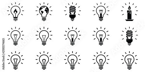 Schilderij op canvas Light Bulb Silhouette Icons, Black Glowing Lamp Symbols with Radiating Rays for
