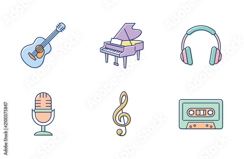 фотографія Flat line art music icon set with pastel colors on white background