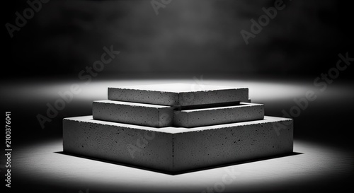 Tiered concrete podium stand under bright spotlights.