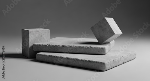 Tilted concrete stone slabs in minimalist studio setting.