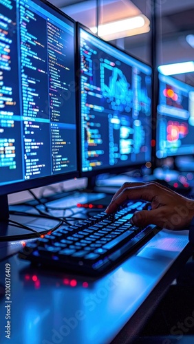 Software developer typing on mechanical keyboard with blue code on triple monitor setup, cybersecurity, data analysis, network monitoring
