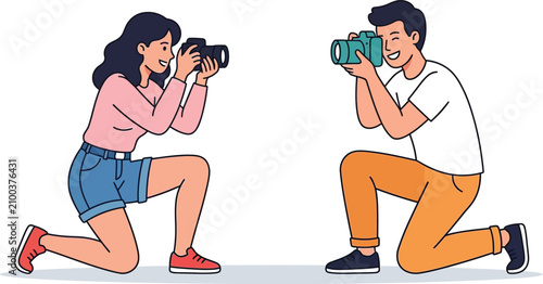 Fotografía Photographers at work couple capturing moments with dslr cameras