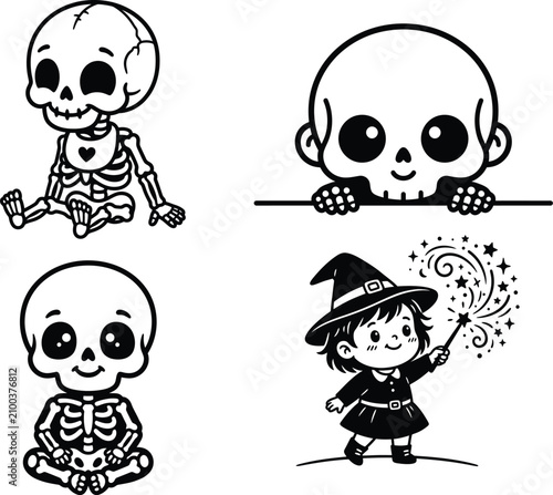 Adorable baby skeleton sitting and little witch casting magic spell for Halloween celebration