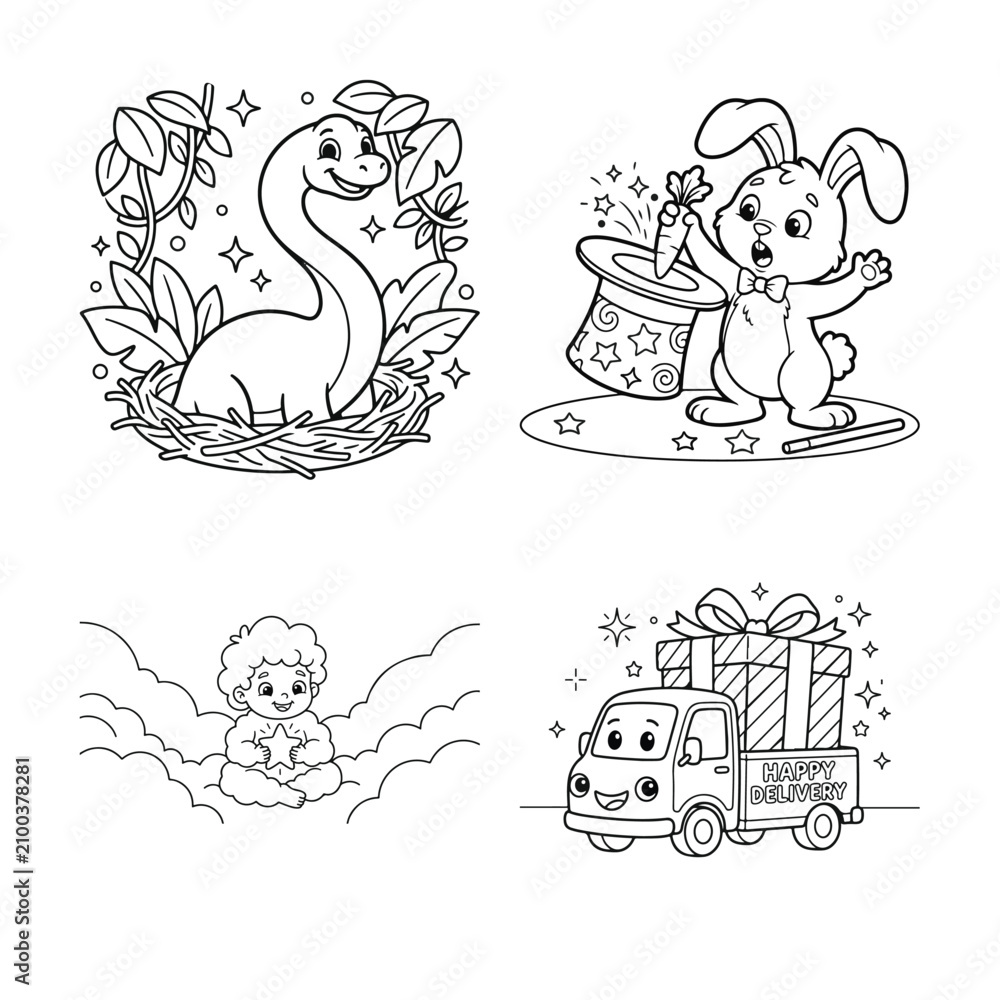 Fototapeta premium Set of cute coloring page illustrations for kids with animals and funny vehicles Vector
