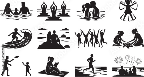Schilderij op canvas Set of black silhouette depicting summer vacation activities, including families