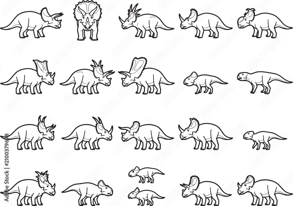 Fototapeta premium Collection of simple line art illustrations of various dinosaur species, showcasing their distinct physical features and poses.