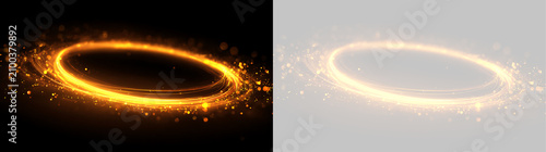 Glowing golden light ring with sparkling particles. Abstract neon circle trail on black and transparent background. Magic portal design element