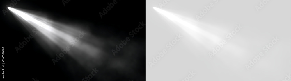 Naklejka premium Soft smoky spotlight beam shining from top left on black and transparent backgrounds. Volumetric foggy light ray effect for atmospheric design