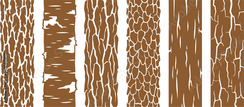 Detailed brown vector illustration showing six distinct tree bark patterns for organic nature graphic design projects