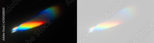 Rainbow prism light leak overlay on black and transparent background. Chromatic dispersion and optical refraction effect for graphic design