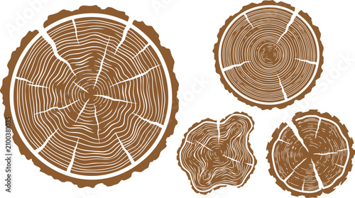 Detailed brown vector illustration of four circular tree ring cross sections isolated on white background