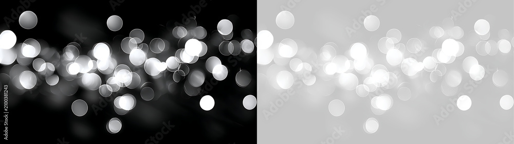 Fototapeta premium Soft white bokeh light trail on black and transparent background. Horizontal glowing circles overlay. Abstract festive sparkle design element