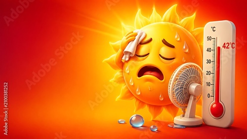 Extremely exhausted 3D sun character wiping sweat on a red background next to a white portable fan and 42 degrees Celsius thermometer showing dangerous heat