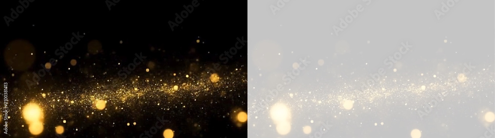 Fototapeta premium Rising gold glitter and soft bokeh light particles. Shimmering dust wave on black and transparent background. Elegant festive overlay