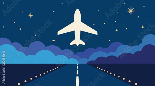 Photos Flat vector illustration of an airplane taking off from a runway at night