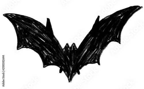 Spooky Halloween illustration of a flying black bat silhouette, hand-drawn with a charcoal