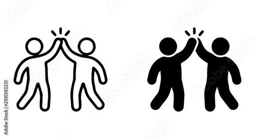Teamwork High Five Icons, Two People Celebrating Success, Partnership and Unity Vector Graphics