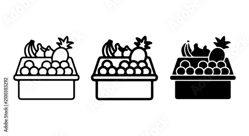 Quadro su tela Fresh Fruit Stand Icons, Healthy Produce Market Display, Grocer Stall Vector Gra
