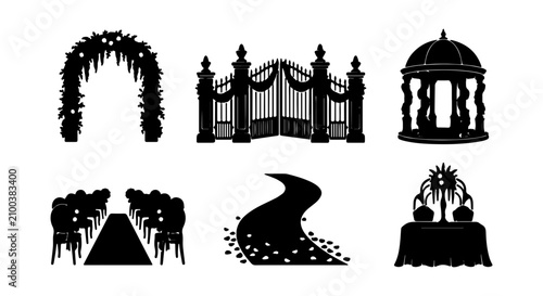 Wedding Ceremony Icons, Romantic Celebration Elements, Elegant Event Decor, Black Silhouette Vector Set