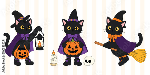 Cute Halloween Black Cat Characters Set, Spooky Cartoon Cat Vector Collection