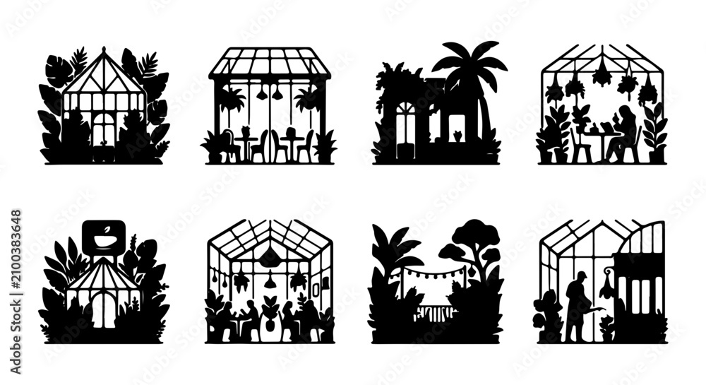 Fototapeta premium Greenhouse Silhouette Collection, Indoor Gardening Vector Icons, Botanical Illustration Set