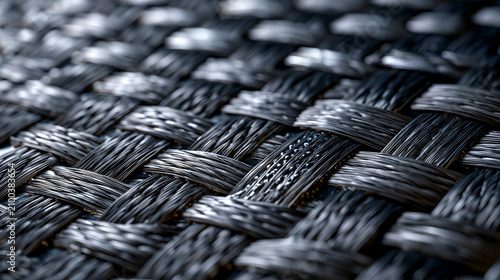 Carbon fiber weave in a bidirectional prepreg layup shows tow bundles interlacing at ninety-degree angles, epoxy resin menisci catching light between fiber rows, the anisotropic surface reflecting d