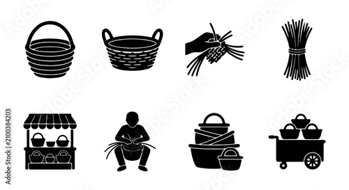 Cuadro en lienzo Woven Basket Icons, Craftsmanship Set, Market Stall & Storage Solutions Vector