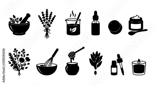 Herbal Skincare Ingredients, Natural Cosmetics, Organic Beauty, Aromatherapy Elements, Vector Icons Set