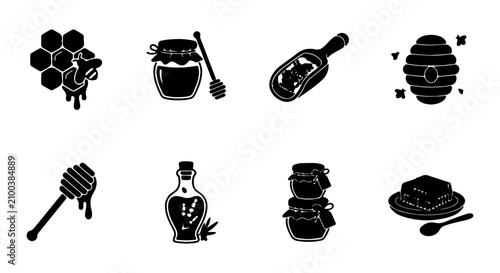 фотографія Honey Icons Set, Beehive and Honeycomb Vector Graphics, Sweet Food Collection, F