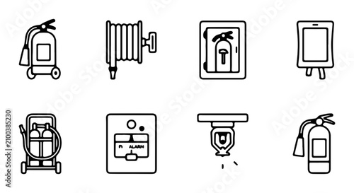 Bild auf Leinwand Fire Safety Equipment Icons, Fire Extinguisher and Sprinkler Vector Set, Emergen